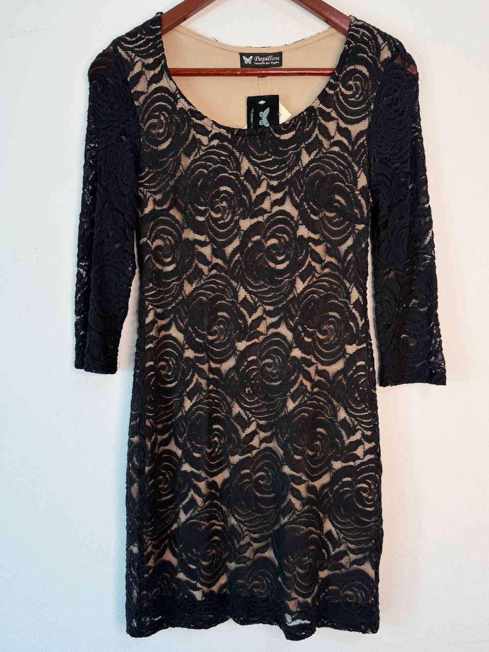 Vintage Y2K Deadstock Papillon Black Floral Lace Overlay Mini Dress Small NWT